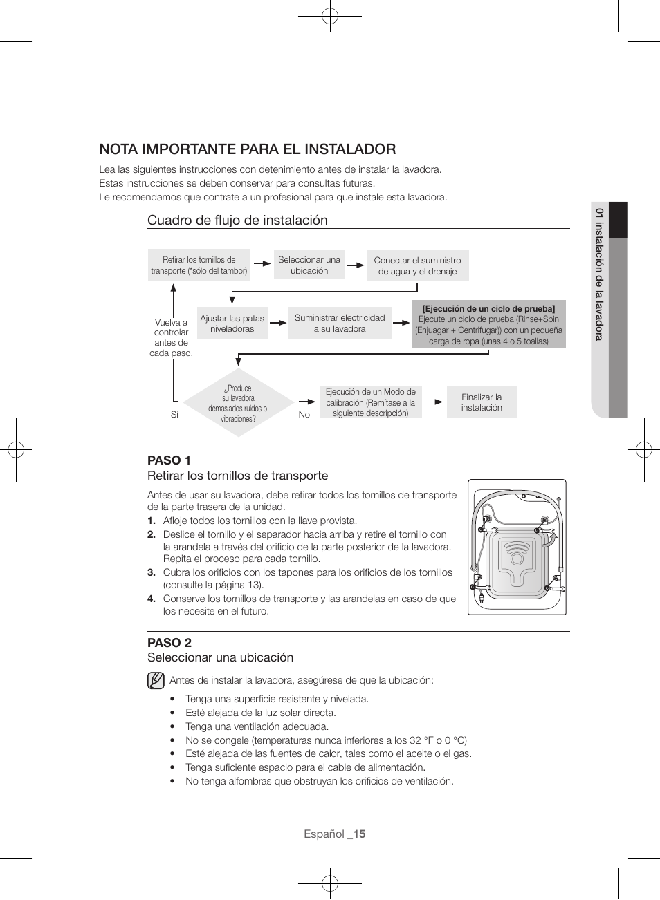 Nota importante para el instalador, Cuadro de flujo de instalación | Samsung WF56H9100AG-A2 User Manual | Page 103 / 132