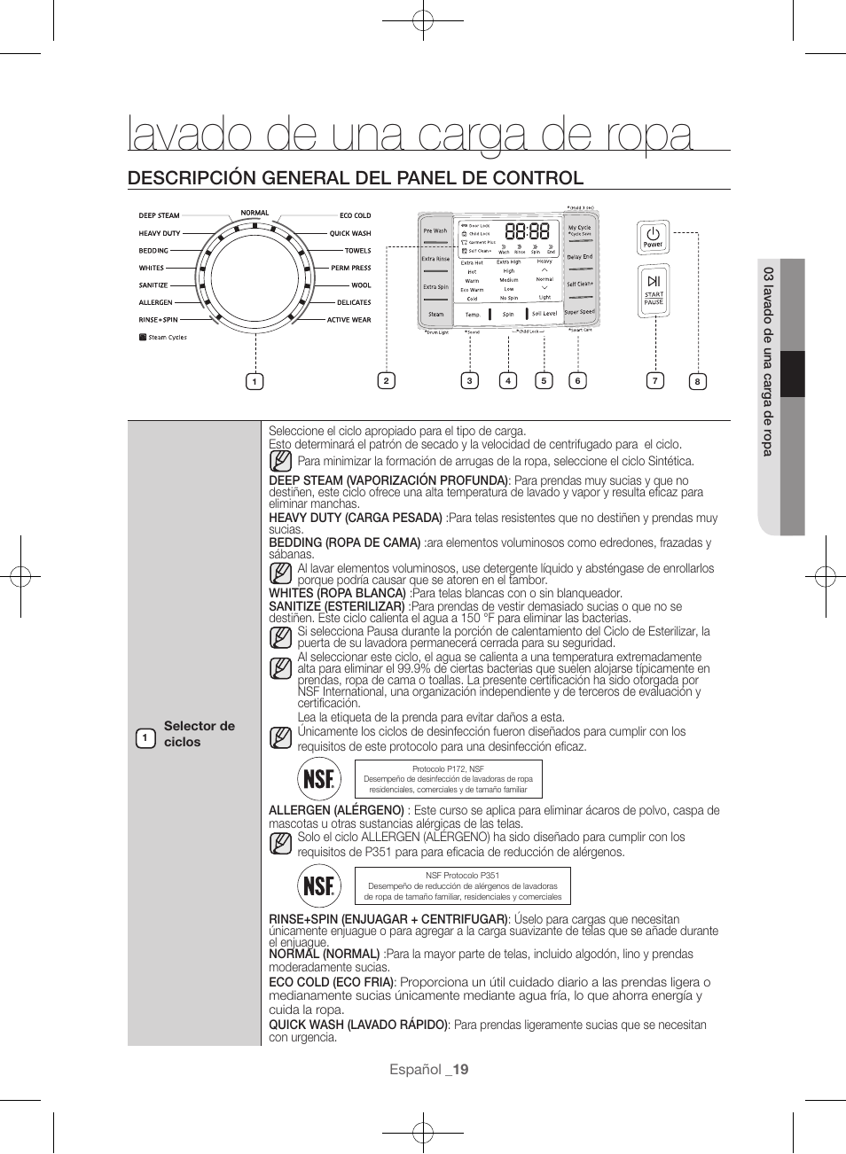 Lavado de una carga de ropa, Descripción general del panel de control | Samsung WF56H9100AG-A2 User Manual | Page 107 / 132