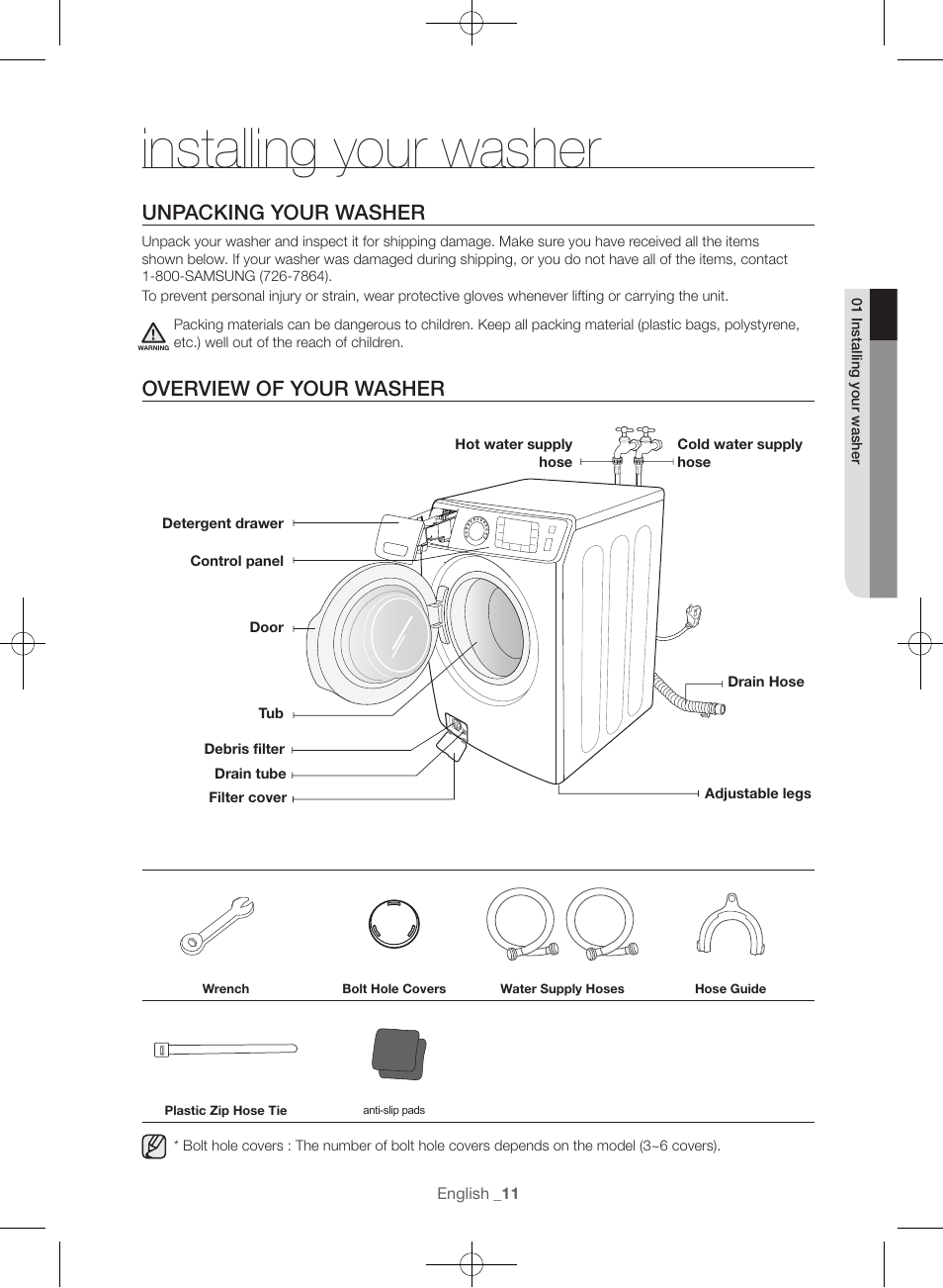 Installing your washer, Unpacking your washer, Overview of your washer | Samsung WF56H9100AG-A2 User Manual | Page 11 / 132