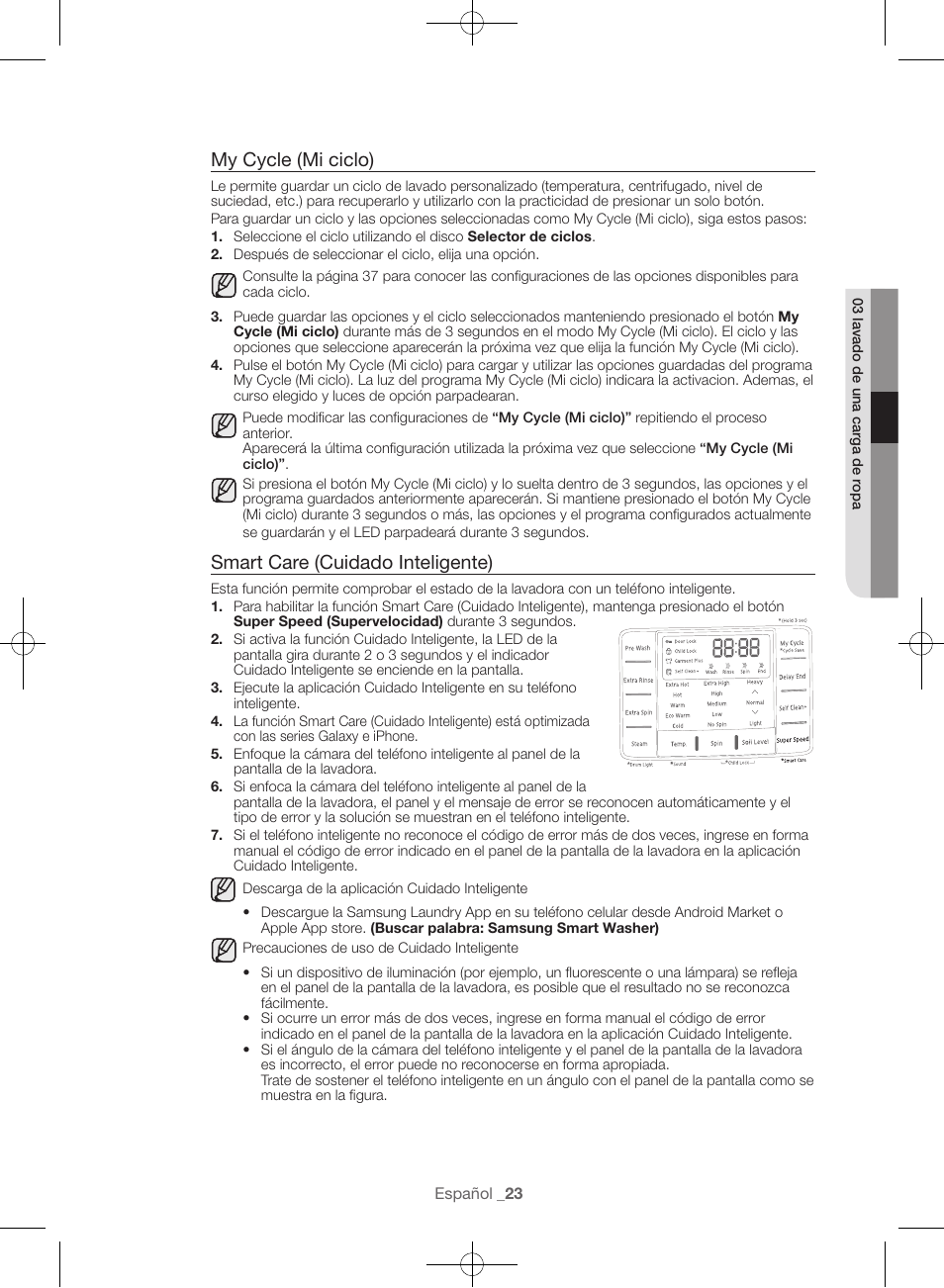 My cycle (mi ciclo), Smart care (cuidado inteligente) | Samsung WF56H9100AG-A2 User Manual | Page 111 / 132