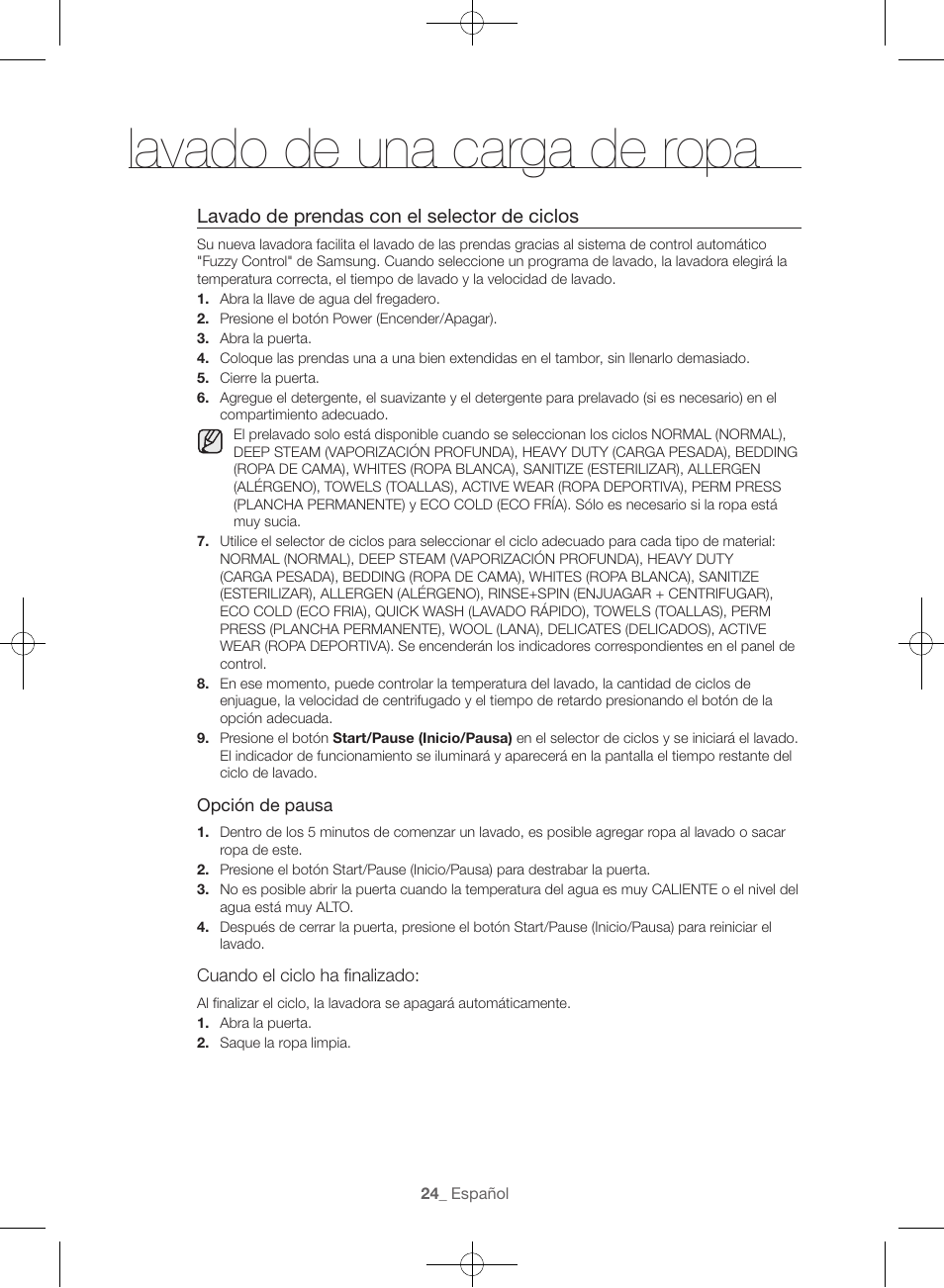 Lavado de una carga de ropa, Lavado de prendas con el selector de ciclos | Samsung WF56H9100AG-A2 User Manual | Page 112 / 132