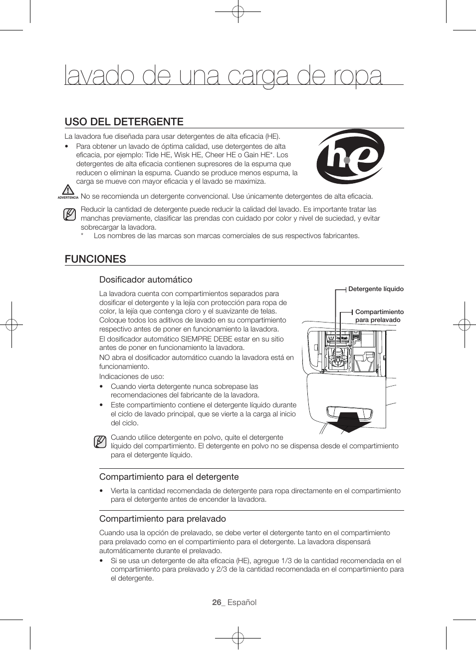 Lavado de una carga de ropa, Uso del detergente, Funciones | Samsung WF56H9100AG-A2 User Manual | Page 114 / 132