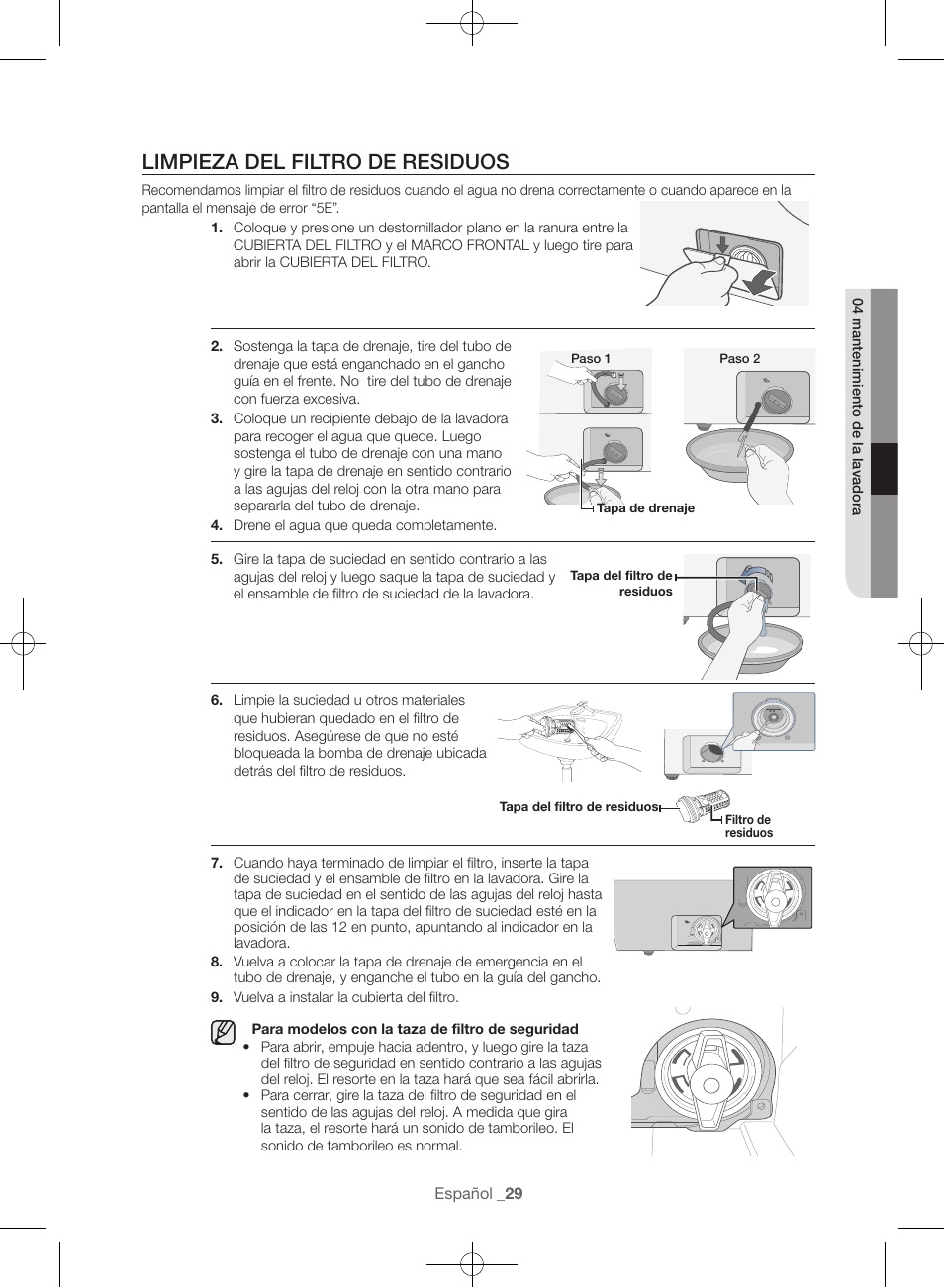 Limpieza del filtro de residuos | Samsung WF56H9100AG-A2 User Manual | Page 117 / 132