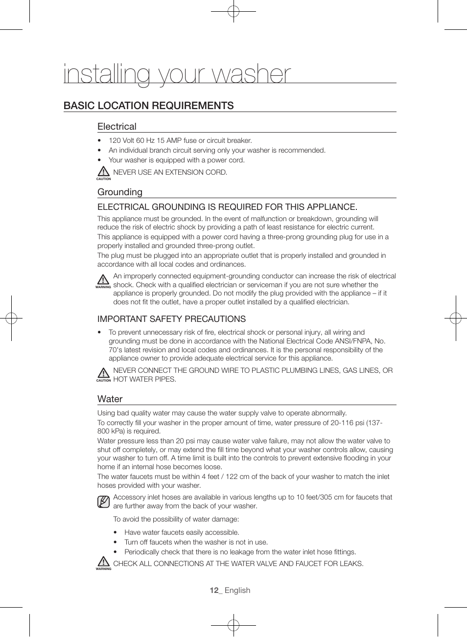Installing your washer, Basic location requirements, Electrical | Grounding, Water | Samsung WF56H9100AG-A2 User Manual | Page 12 / 132