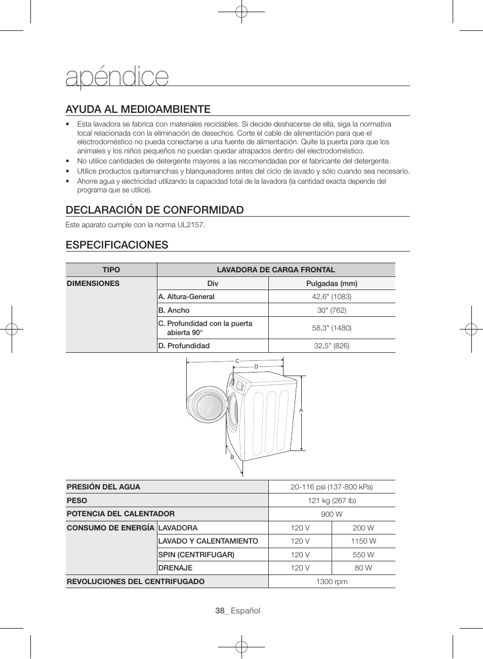Apéndice, Ayuda al medioambiente, Declaración de conformidad | Especificaciones | Samsung WF56H9100AG-A2 User Manual | Page 126 / 132