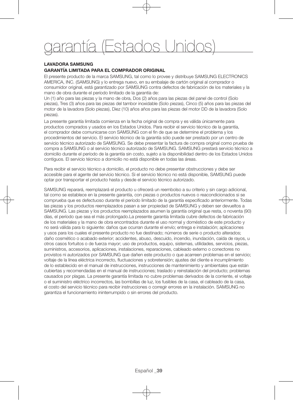 Garantía (estados unidos) | Samsung WF56H9100AG-A2 User Manual | Page 127 / 132