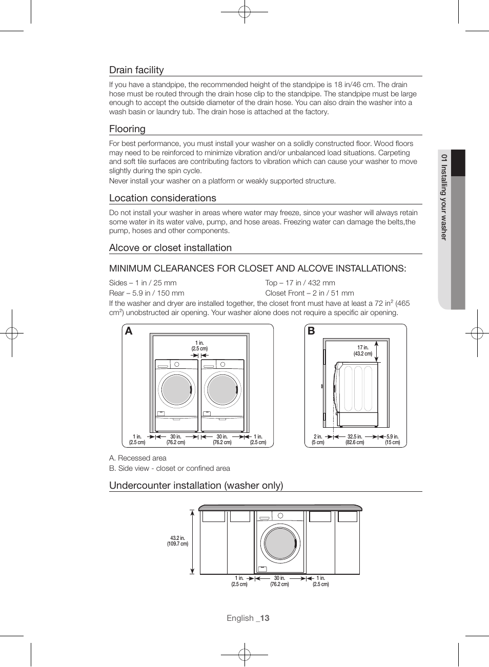 Drain facility, Flooring, Location considerations | Alcove or closet installation, Undercounter installation (washer only) | Samsung WF56H9100AG-A2 User Manual | Page 13 / 132