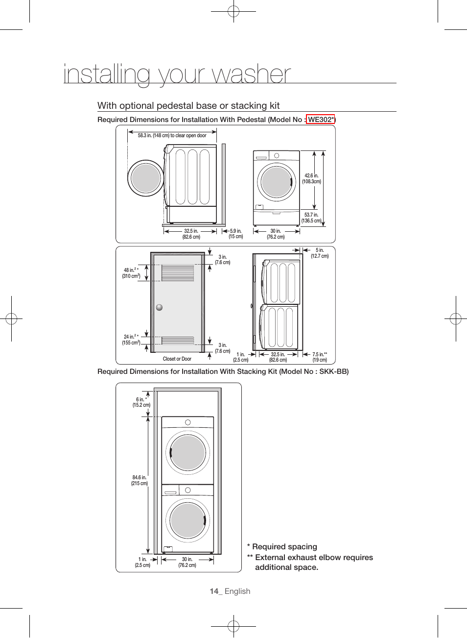 Installing your washer, With optional pedestal base or stacking kit | Samsung WF56H9100AG-A2 User Manual | Page 14 / 132