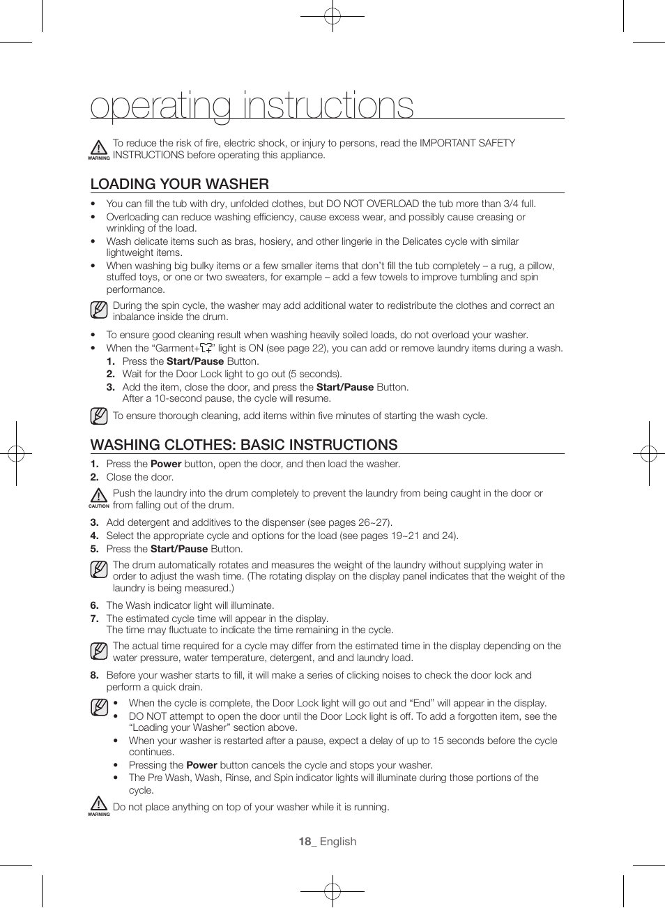 Operating instructions, Loading your washer, Washing clothes: basic instructions | Samsung WF56H9100AG-A2 User Manual | Page 18 / 132