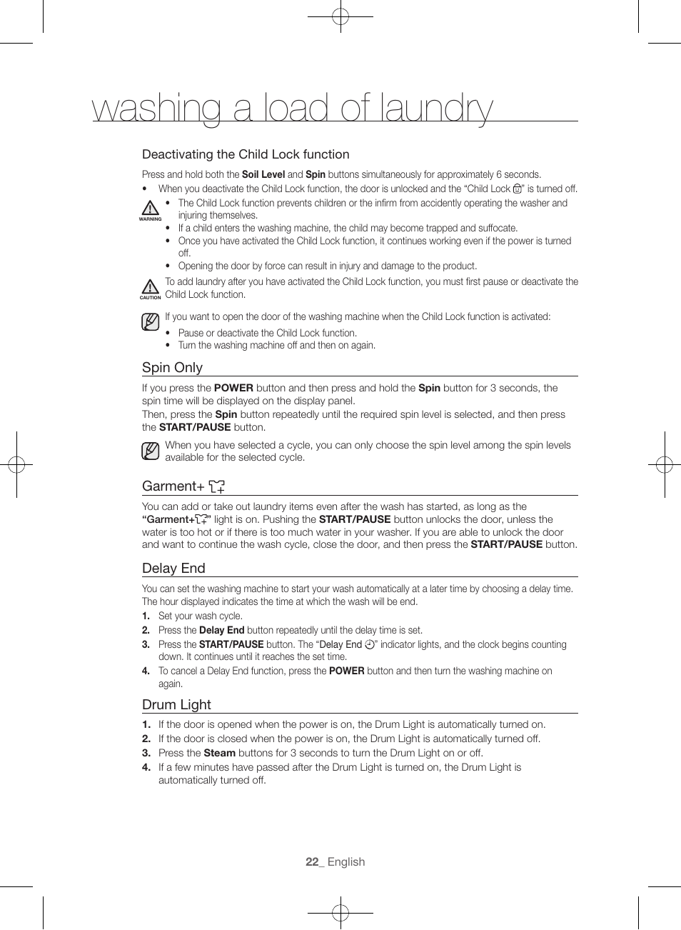 Washing a load of laundry, Spin only, Garment | Delay end, Drum light | Samsung WF56H9100AG-A2 User Manual | Page 22 / 132