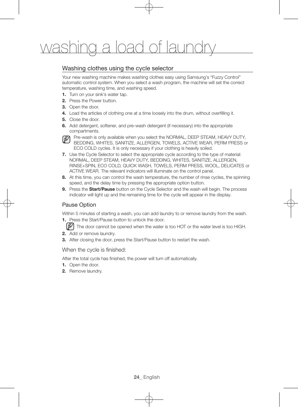 Washing a load of laundry | Samsung WF56H9100AG-A2 User Manual | Page 24 / 132
