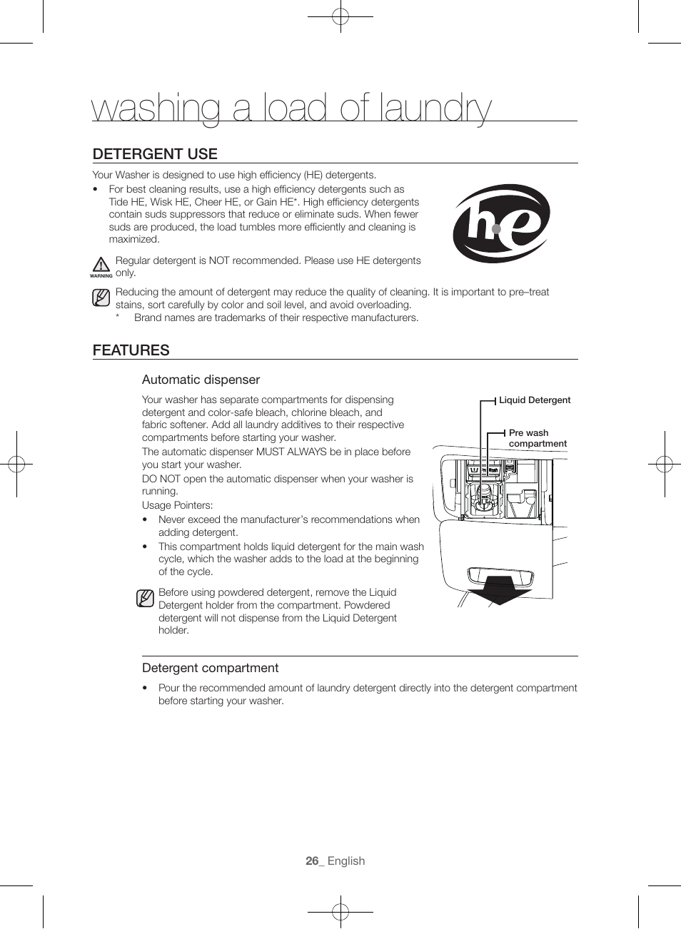 Washing a load of laundry, Detergent use, Features | Samsung WF56H9100AG-A2 User Manual | Page 26 / 132