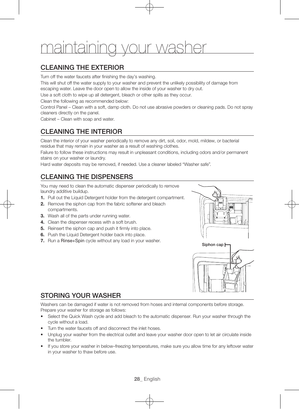 Maintaining your washer, Cleaning the exterior, Cleaning the interior | Cleaning the dispensers, Storing your washer | Samsung WF56H9100AG-A2 User Manual | Page 28 / 132