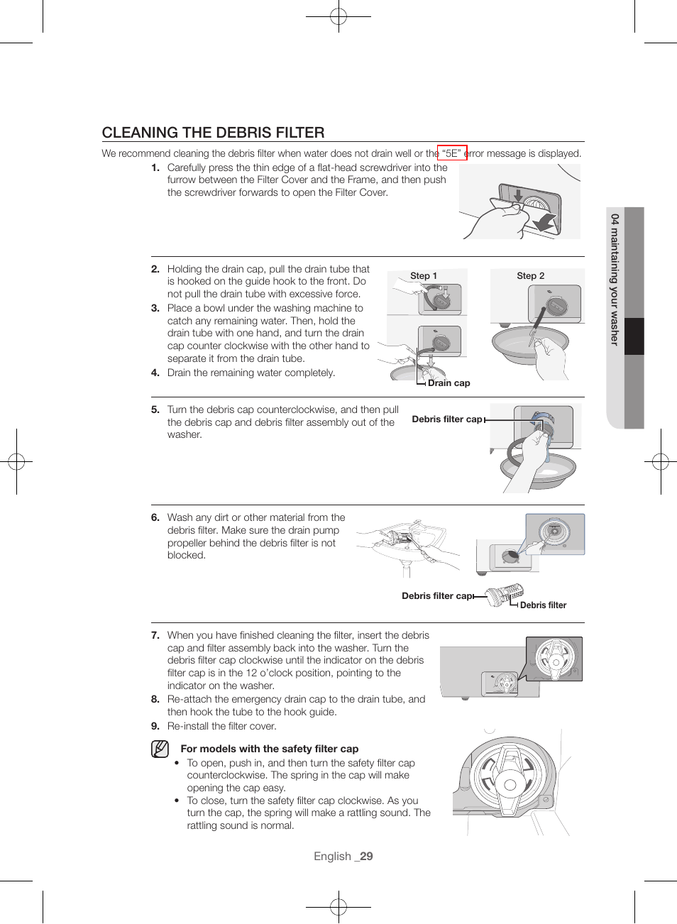 Cleaning the debris filter | Samsung WF56H9100AG-A2 User Manual | Page 29 / 132