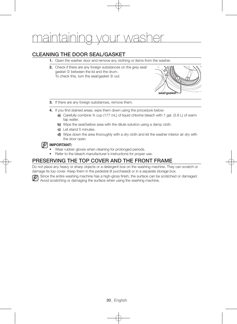 Maintaining your washer, Cleaning the door seal/gasket, Preserving the top cover and the front frame | Samsung WF56H9100AG-A2 User Manual | Page 30 / 132