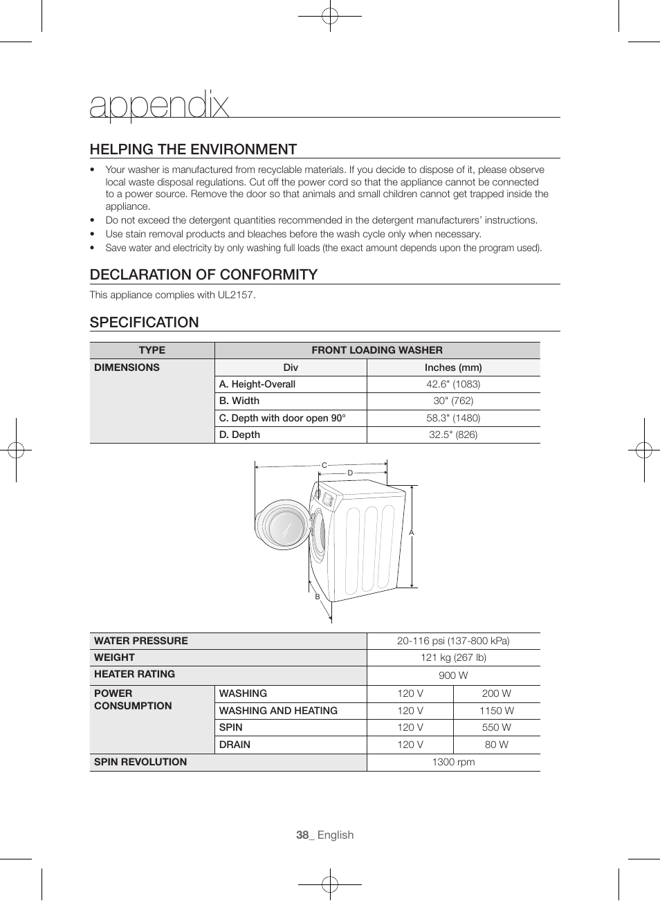 Appendix, Helping the environment, Declaration of conformity | Specification | Samsung WF56H9100AG-A2 User Manual | Page 38 / 132