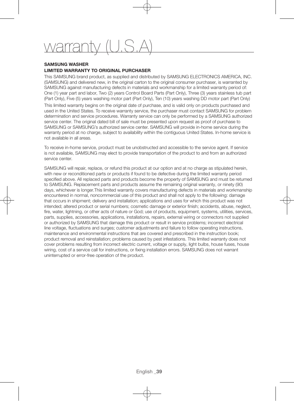 Warranty (u.s.a) | Samsung WF56H9100AG-A2 User Manual | Page 39 / 132