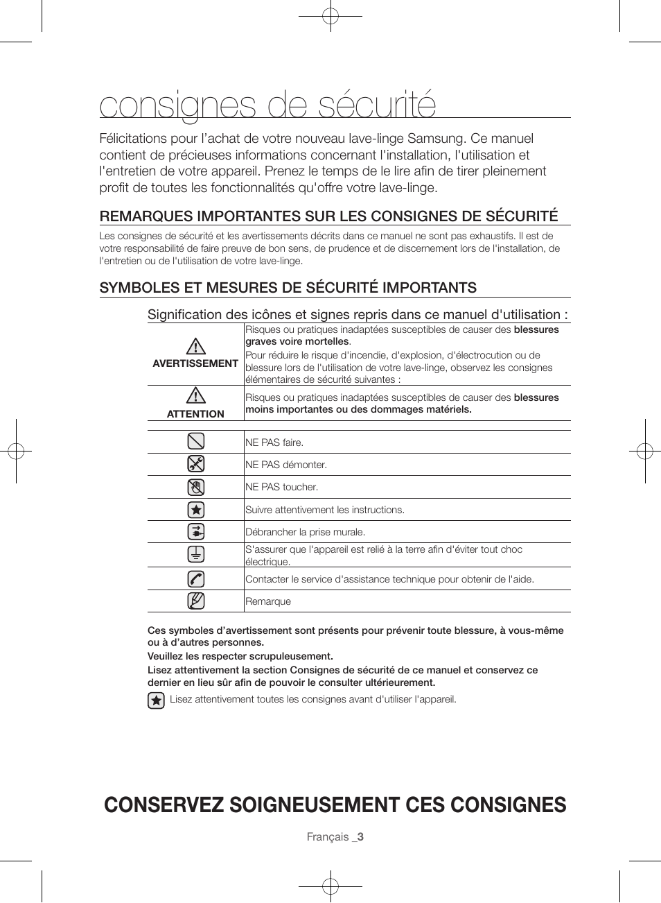 Consignes de sécurité, Conservez soigneusement ces consignes, Symboles et mesures de sécurité importants | Samsung WF56H9100AG-A2 User Manual | Page 47 / 132