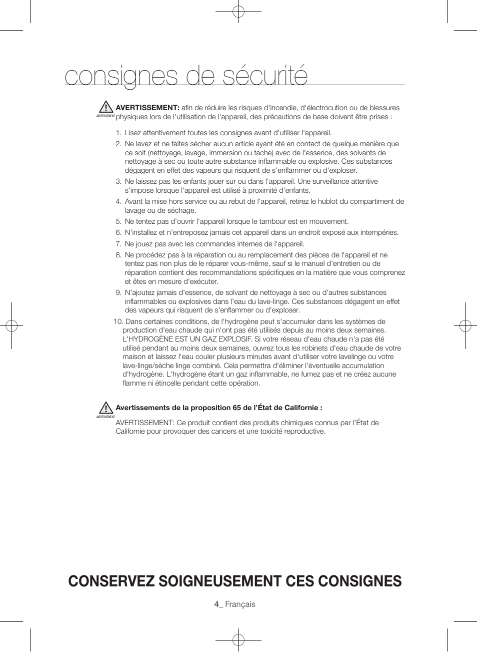 Consignes de sécurité, Conservez soigneusement ces consignes | Samsung WF56H9100AG-A2 User Manual | Page 48 / 132