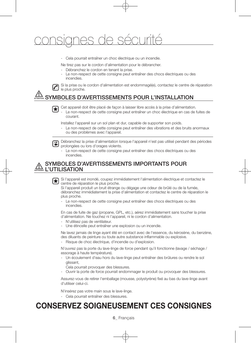 Consignes de sécurité, Conservez soigneusement ces consignes, Symboles d’avertissements pour l’installation | Samsung WF56H9100AG-A2 User Manual | Page 50 / 132