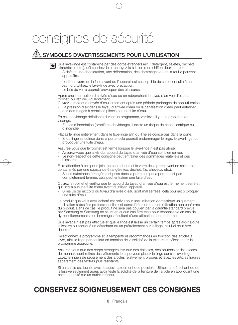 Consignes de sécurité, Conservez soigneusement ces consignes, Symboles d’avertissements pour l’utilisation | Samsung WF56H9100AG-A2 User Manual | Page 52 / 132