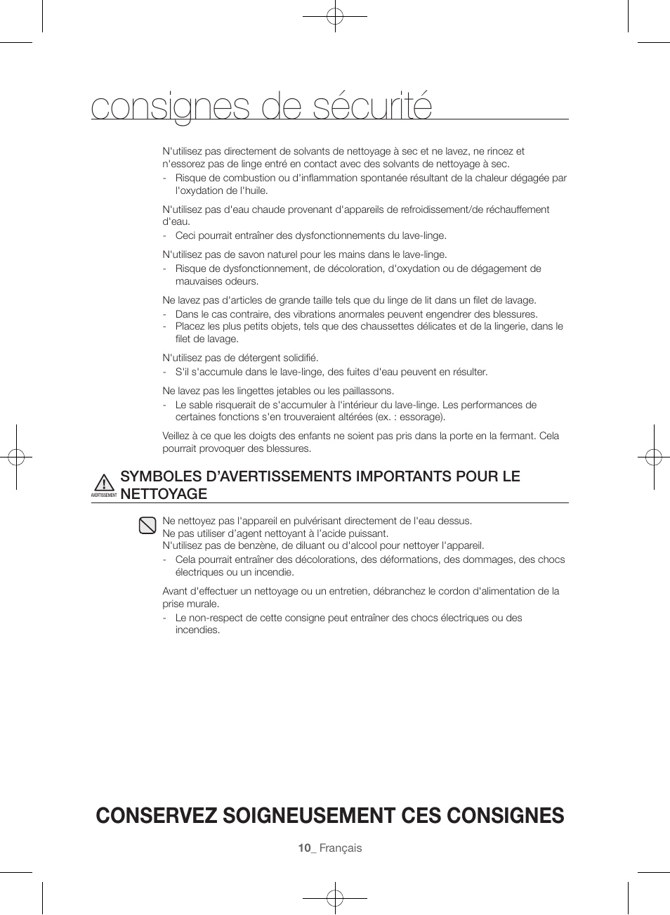 Consignes de sécurité, Conservez soigneusement ces consignes | Samsung WF56H9100AG-A2 User Manual | Page 54 / 132