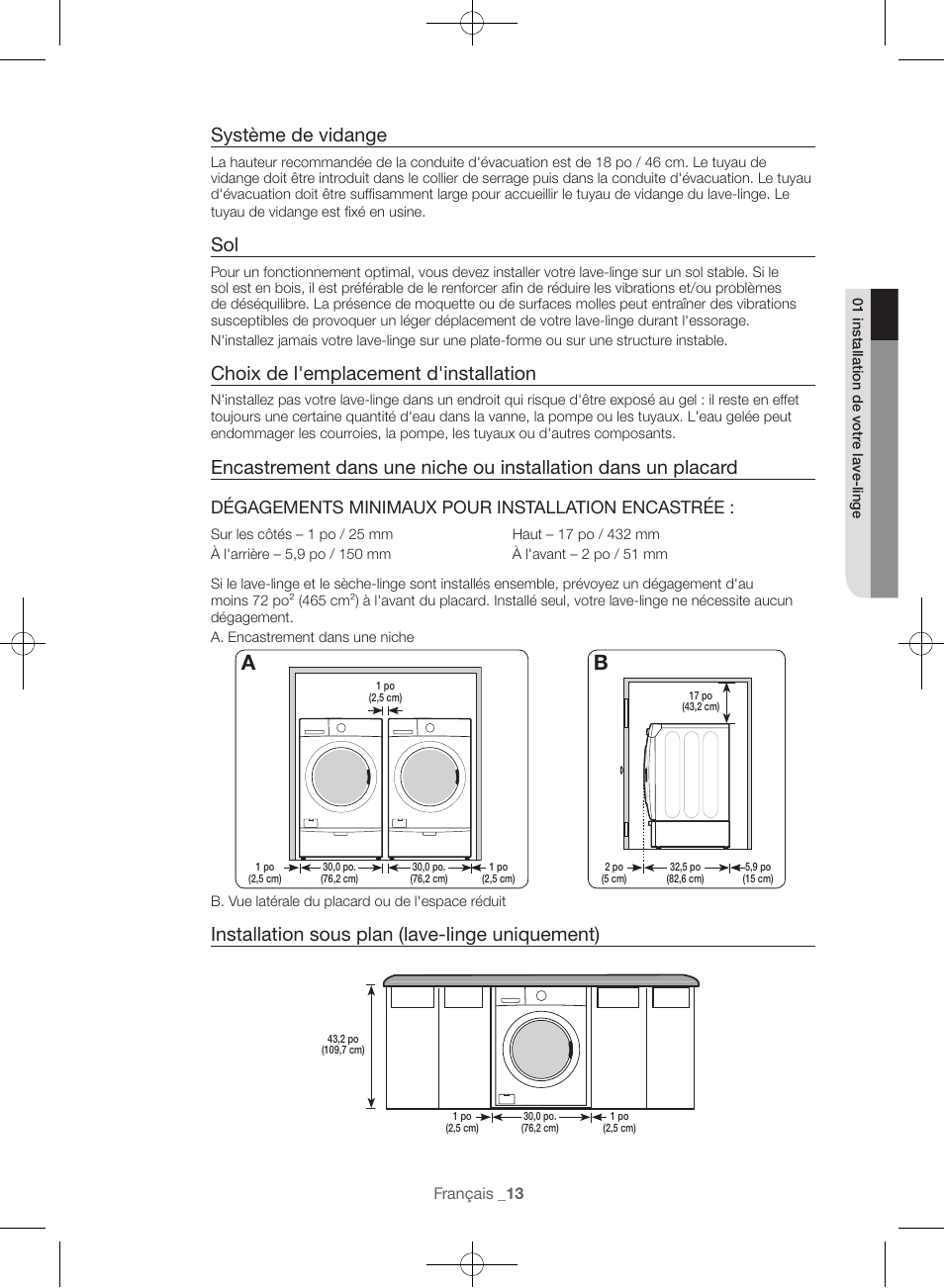 Système de vidange, Choix de l'emplacement d'installation, Installation sous plan (lave-linge uniquement) | Dégagements minimaux pour installation encastrée | Samsung WF56H9100AG-A2 User Manual | Page 57 / 132