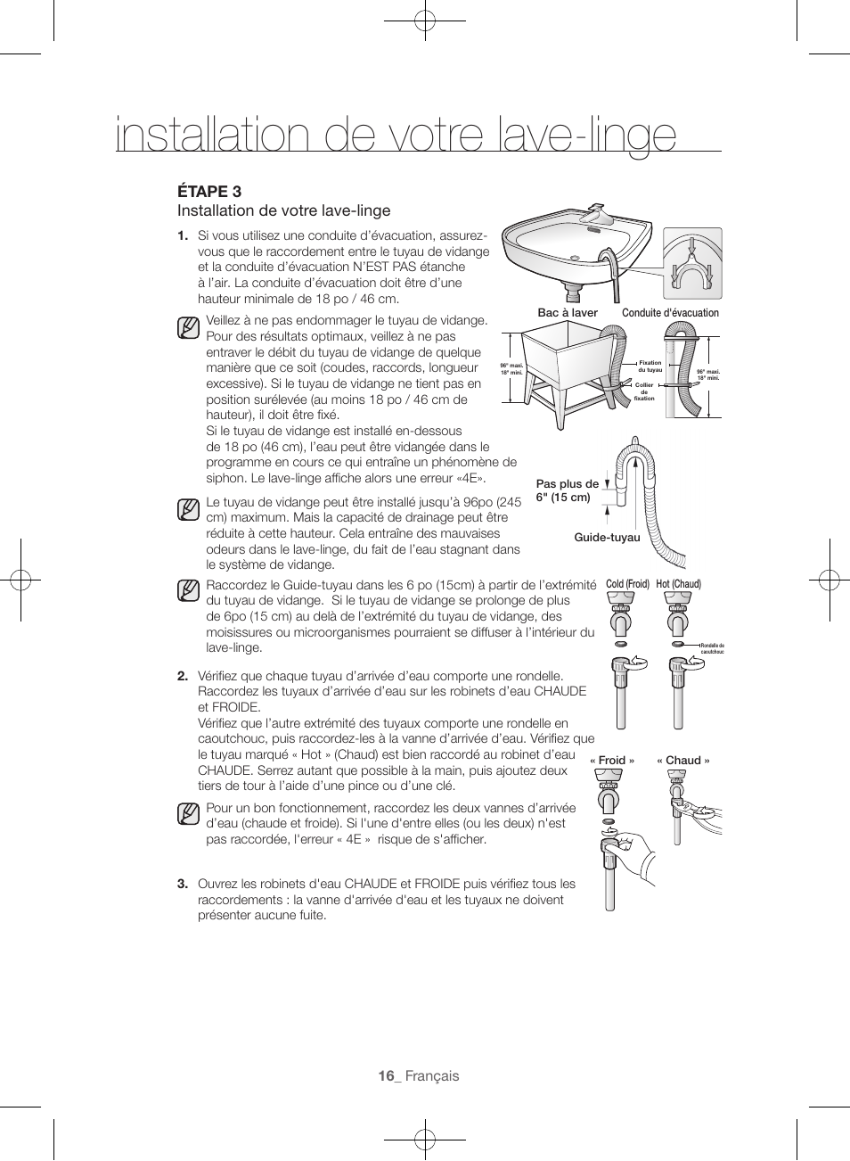 Installation de votre lave-linge, Étape 3 installation de votre lave-linge | Samsung WF56H9100AG-A2 User Manual | Page 60 / 132