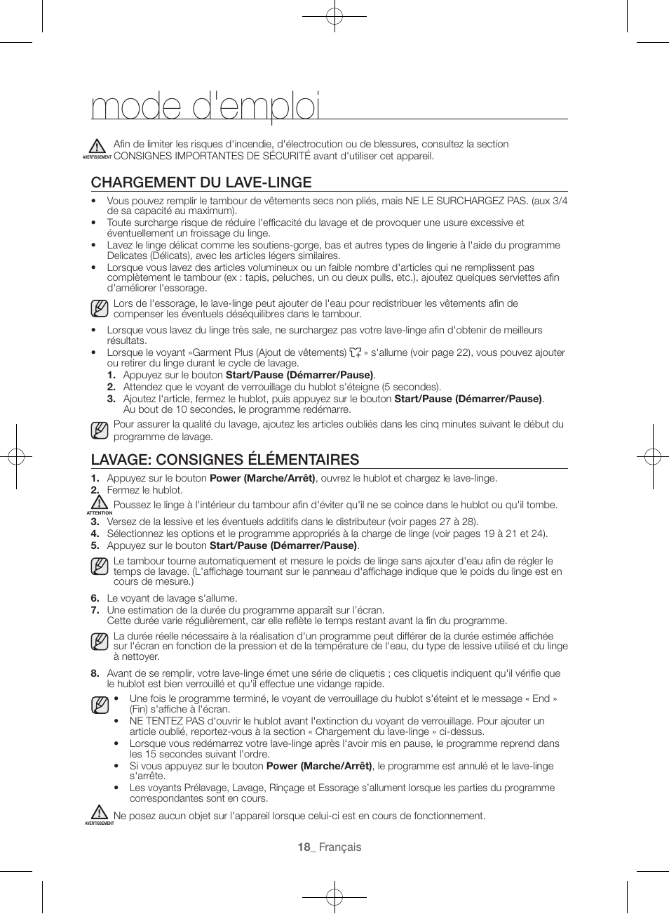 Mode d'emploi, Chargement du lave-linge, Lavage: consignes élémentaires | Samsung WF56H9100AG-A2 User Manual | Page 62 / 132