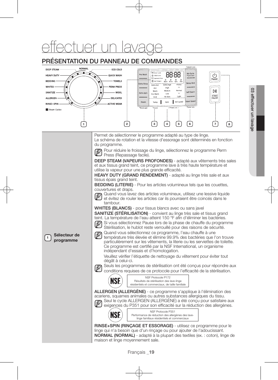 Effectuer un lavage, Présentation du panneau de commandes | Samsung WF56H9100AG-A2 User Manual | Page 63 / 132