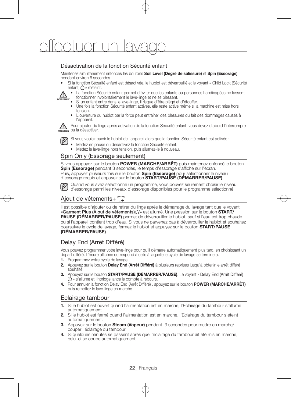 Effectuer un lavage, Spin only (essorage seulement), Ajout de vêtements | Delay end (arrêt différé), Eclairage tambour | Samsung WF56H9100AG-A2 User Manual | Page 66 / 132