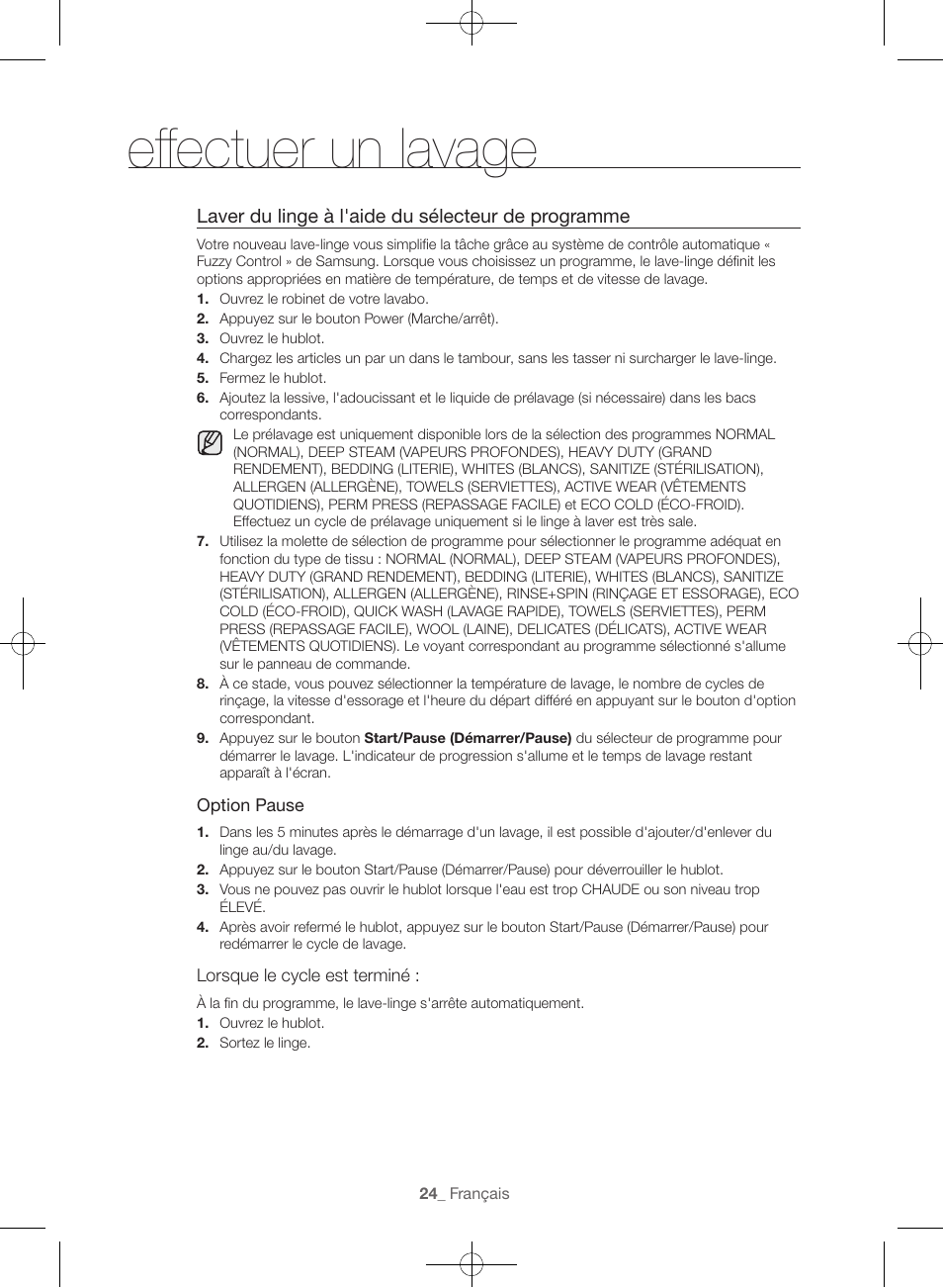 Effectuer un lavage, Laver du linge à l'aide du sélecteur de programme | Samsung WF56H9100AG-A2 User Manual | Page 68 / 132
