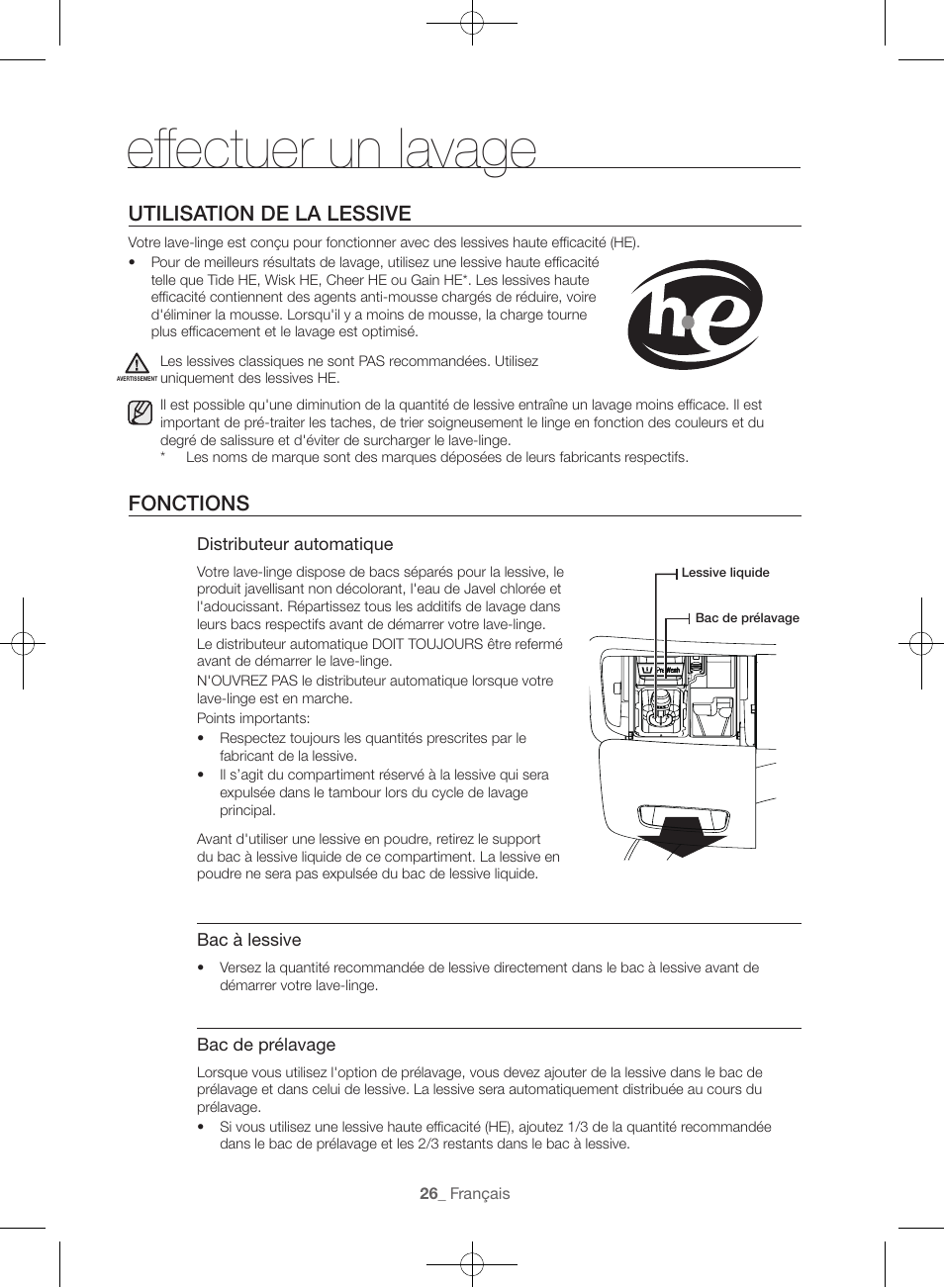 Effectuer un lavage, Utilisation de la lessive, Fonctions | Samsung WF56H9100AG-A2 User Manual | Page 70 / 132