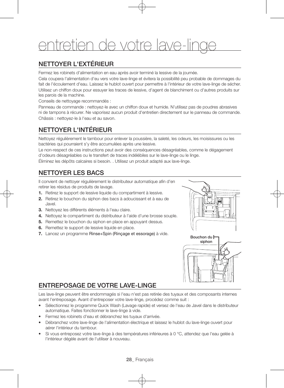 Entretien de votre lave-linge, Nettoyer l'extérieur, Nettoyer l'intérieur | Nettoyer les bacs, Entreposage de votre lave-linge | Samsung WF56H9100AG-A2 User Manual | Page 72 / 132