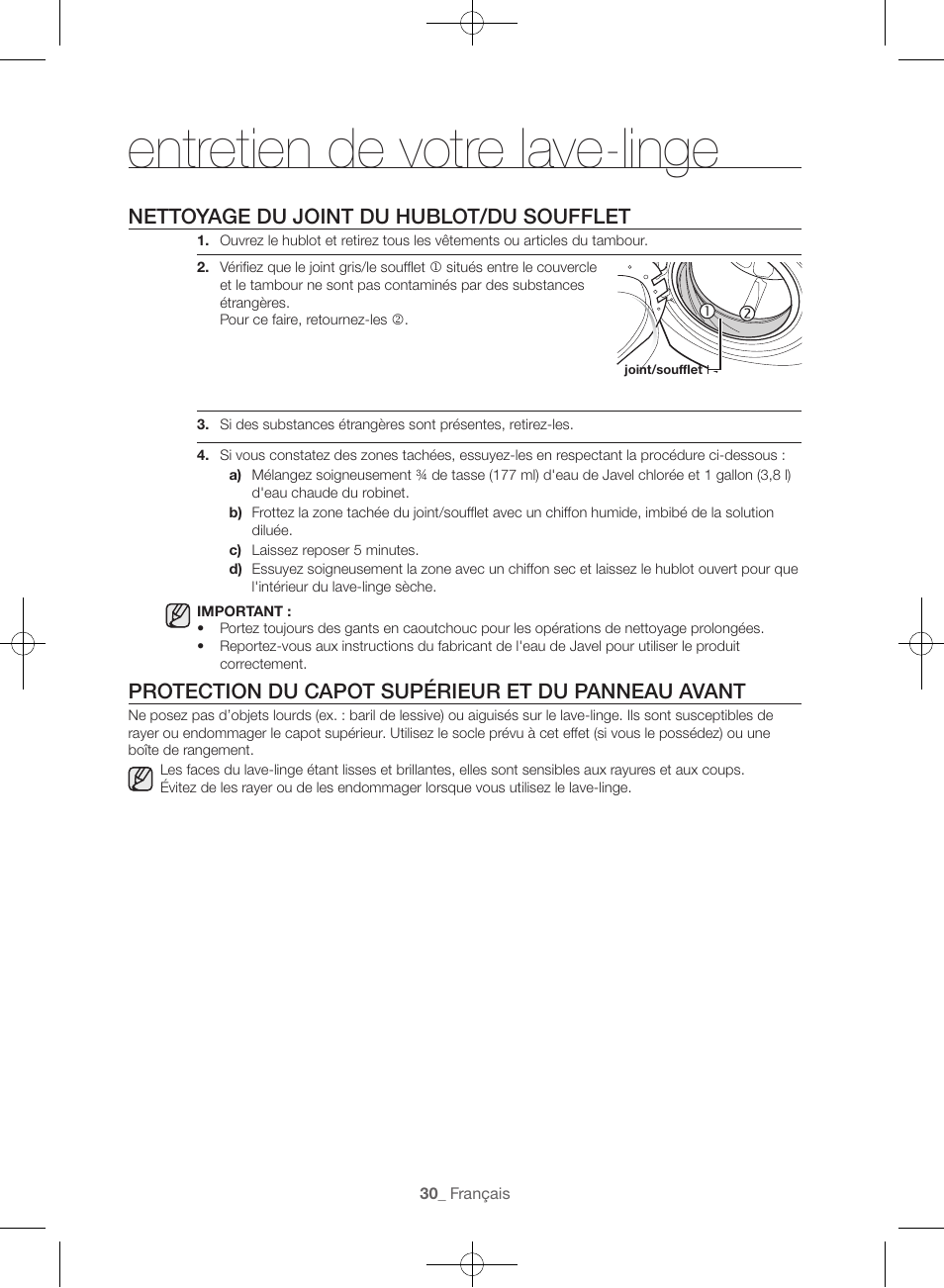 Entretien de votre lave-linge, Nettoyage du joint du hublot/du soufflet, Protection du capot supérieur et du panneau avant | Samsung WF56H9100AG-A2 User Manual | Page 74 / 132