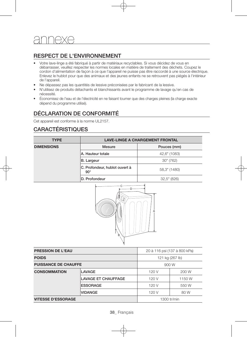 Annexe, Respect de l'environnement, Déclaration de conformité | Caractéristiques | Samsung WF56H9100AG-A2 User Manual | Page 82 / 132