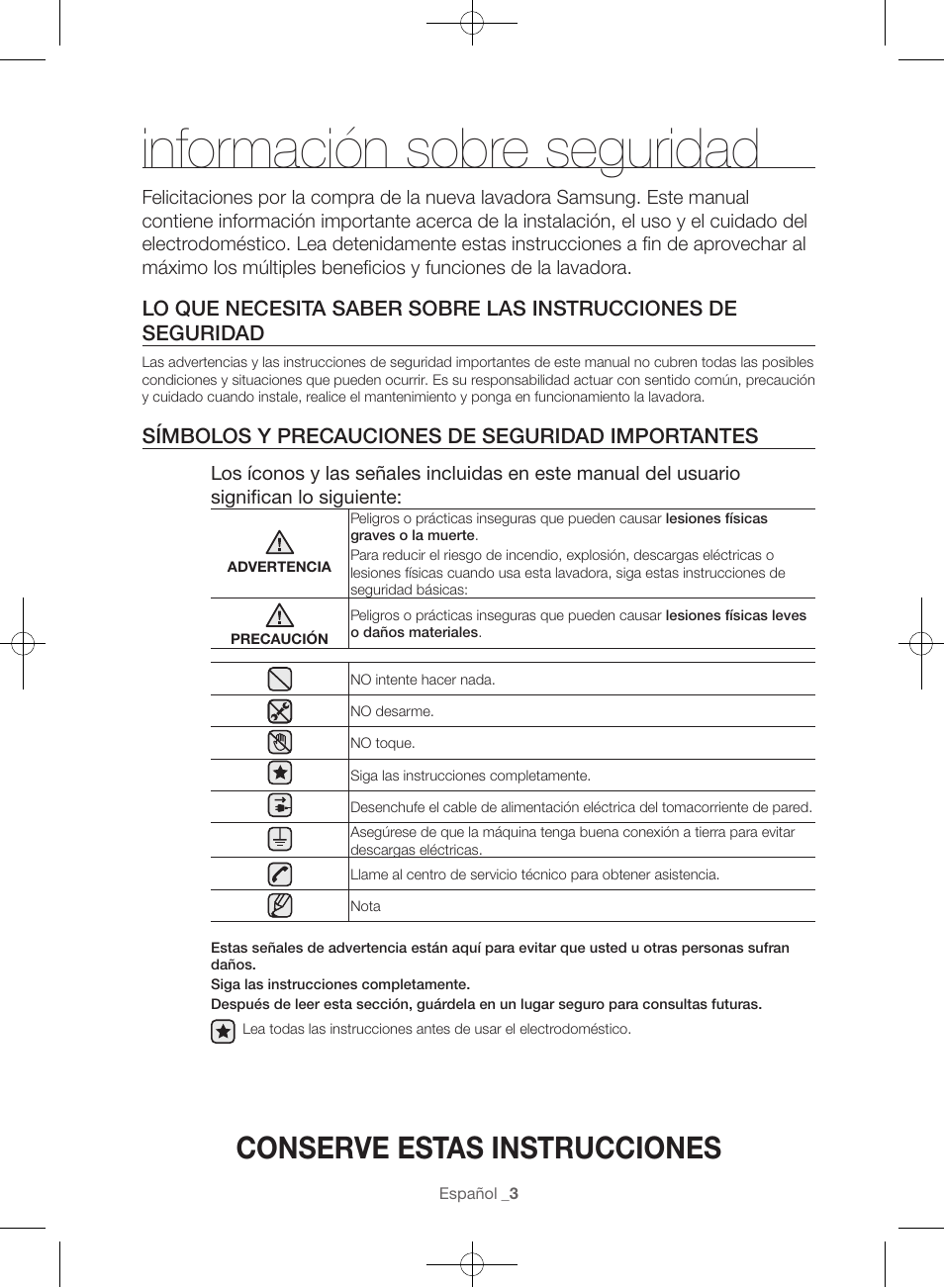 Información sobre seguridad, Conserve estas instrucciones, Símbolos y precauciones de seguridad importantes | Samsung WF56H9100AG-A2 User Manual | Page 91 / 132