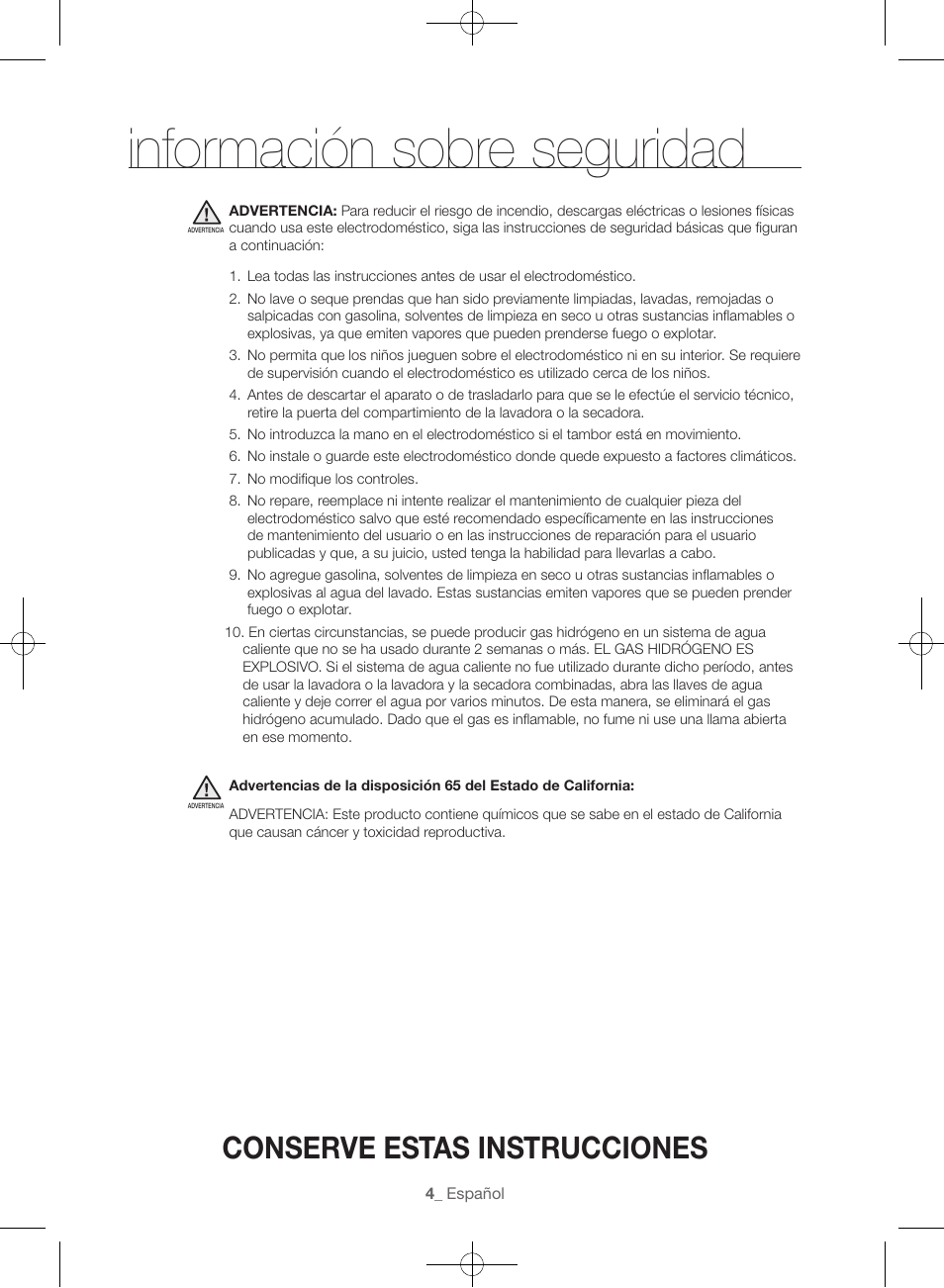 Información sobre seguridad, Conserve estas instrucciones | Samsung WF56H9100AG-A2 User Manual | Page 92 / 132