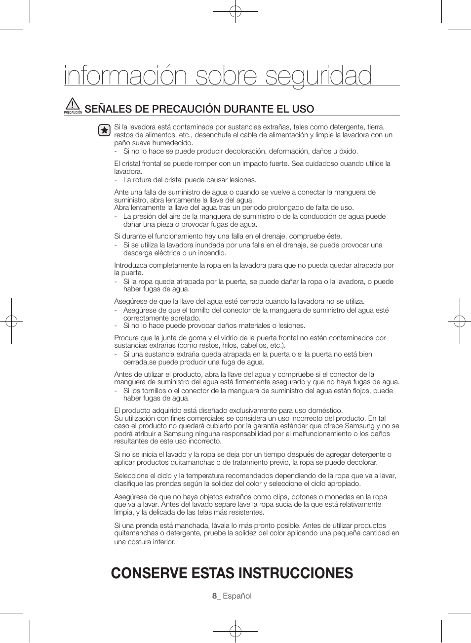 Información sobre seguridad, Conserve estas instrucciones, Señales de precaución durante el uso | Samsung WF56H9100AG-A2 User Manual | Page 96 / 132