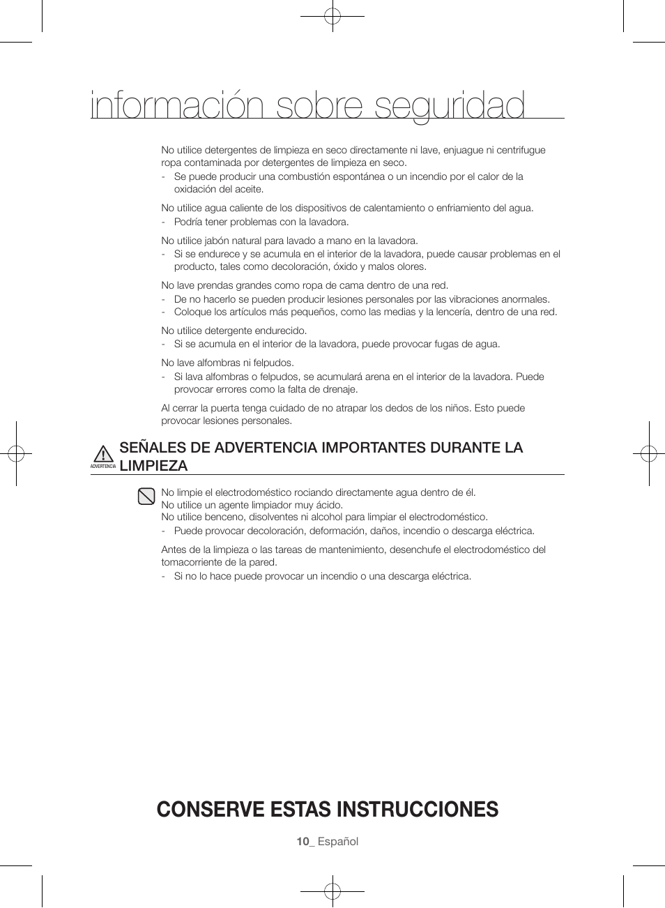 Información sobre seguridad, Conserve estas instrucciones | Samsung WF56H9100AG-A2 User Manual | Page 98 / 132
