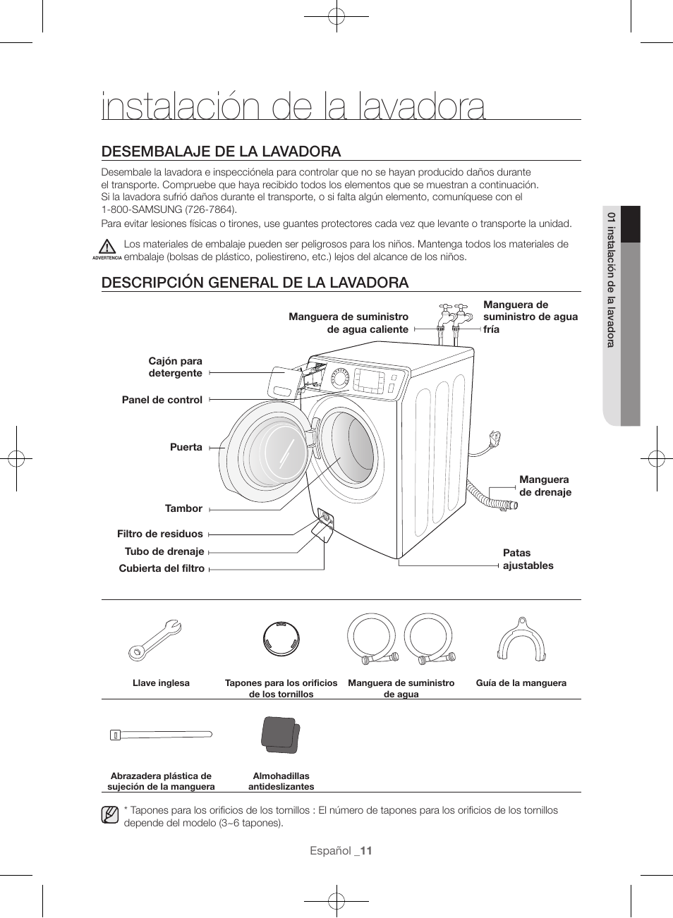 Instalación de la lavadora, Desembalaje de la lavadora, Descripción general de la lavadora | Samsung WF56H9100AG-A2 User Manual | Page 99 / 132