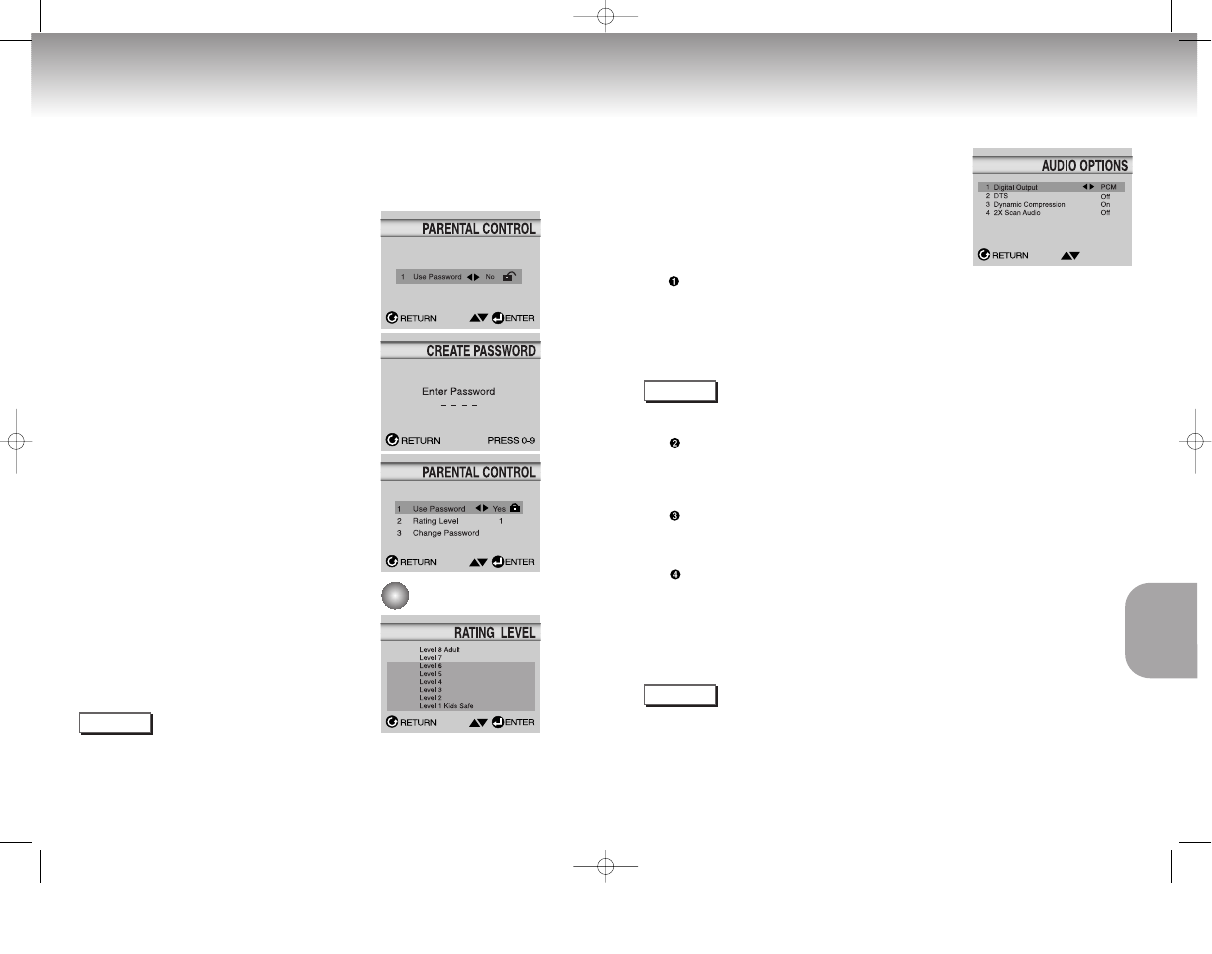 Setting up the parental control, Setting up the audio options | Samsung DVD-C629-AFS User Manual | Page 20 / 23