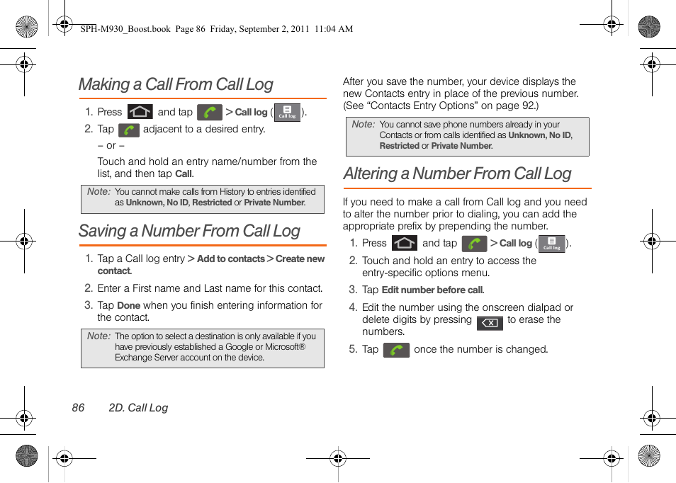 Making a call from call log, Saving a number from call log, Altering a number from call log | Samsung SPH-M930ZKABST User Manual | Page 100 / 227