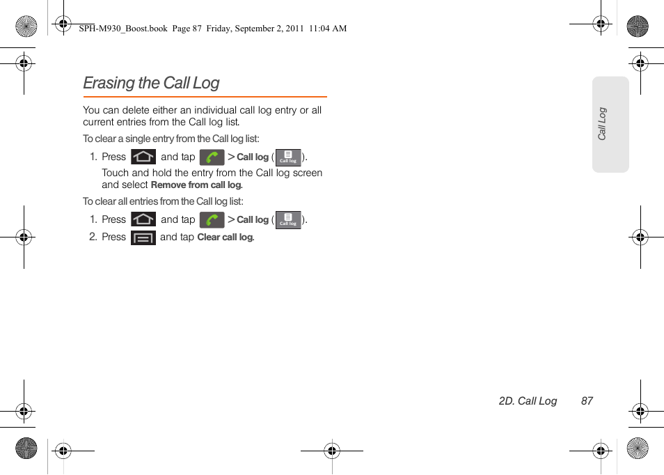 Erasing the call log | Samsung SPH-M930ZKABST User Manual | Page 101 / 227