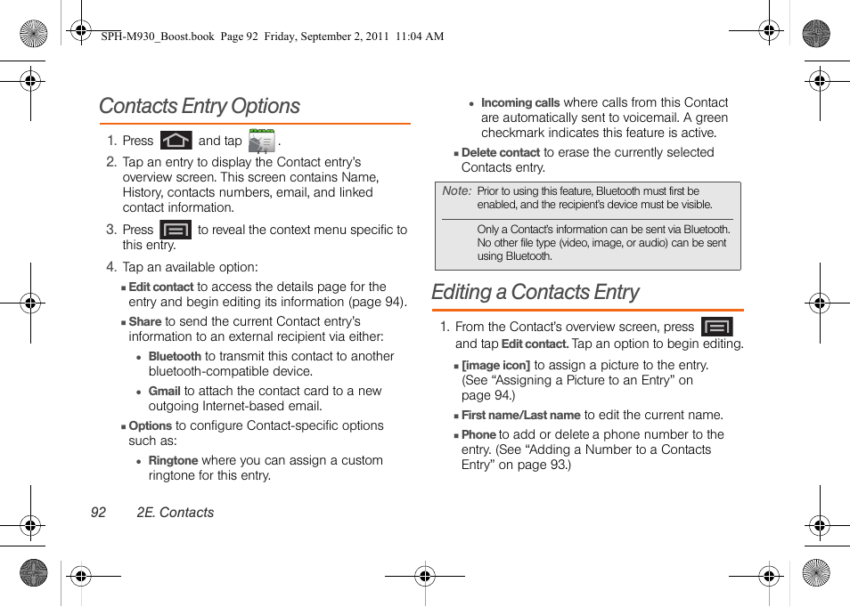 Contacts entry options, Editing a contacts entry | Samsung SPH-M930ZKABST User Manual | Page 106 / 227