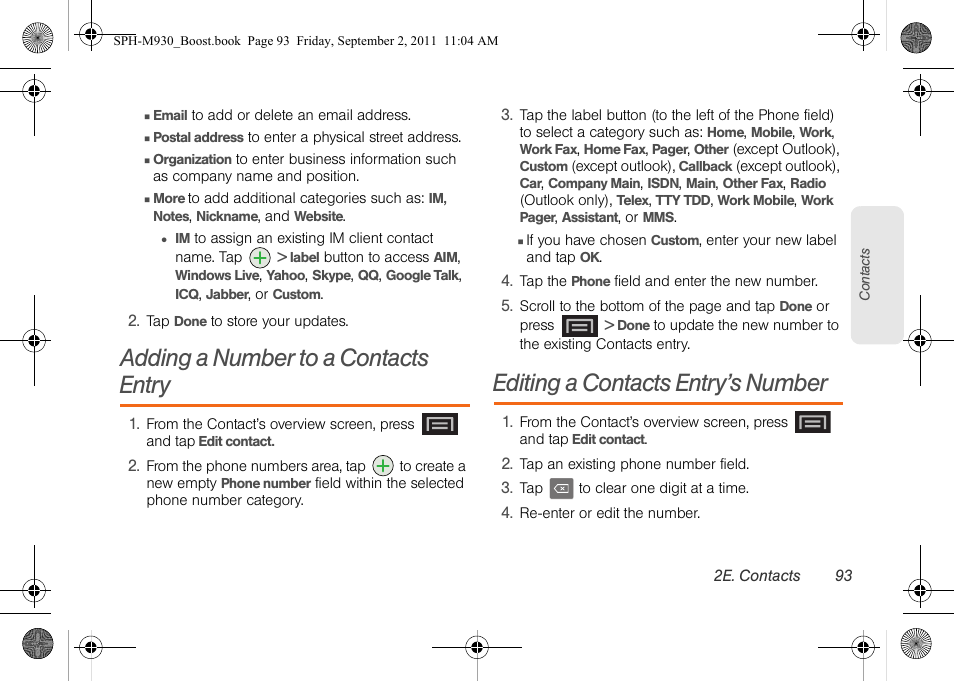 Adding a number to a contacts entry, Editing a contacts entry’s number | Samsung SPH-M930ZKABST User Manual | Page 107 / 227