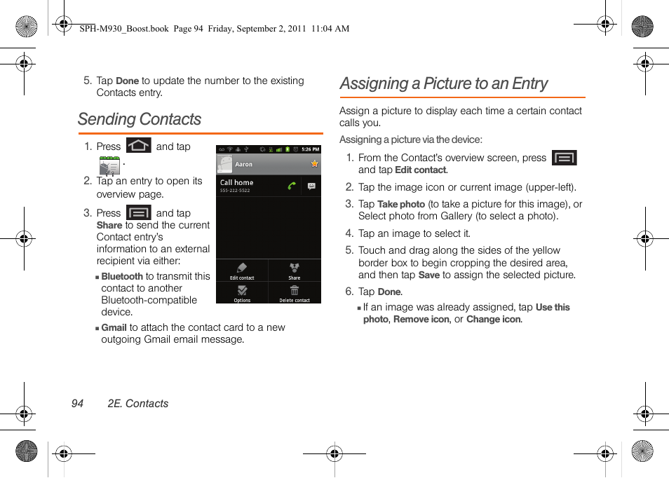 Sending contacts, Assigning a picture to an entry | Samsung SPH-M930ZKABST User Manual | Page 108 / 227