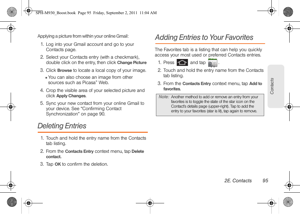 Deleting entries, Adding entries to your favorites | Samsung SPH-M930ZKABST User Manual | Page 109 / 227