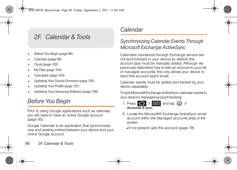 2f. calendar & tools, Before you begin, Calendar | Samsung SPH-M930ZKABST User Manual | Page 110 / 227