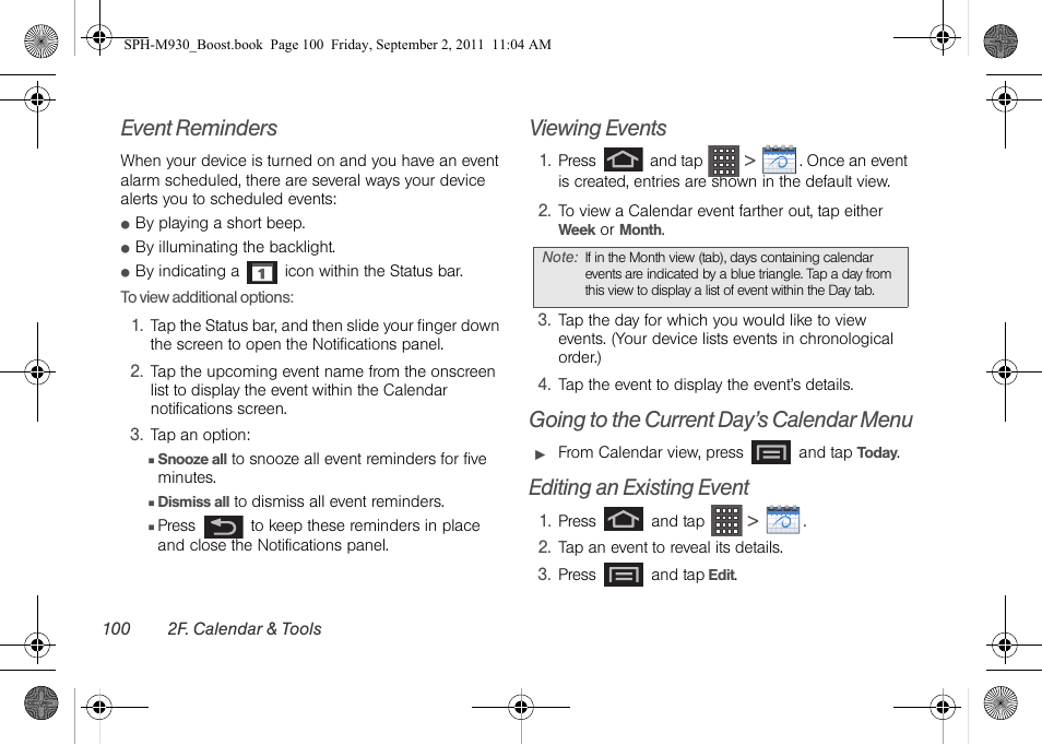 Event reminders, Viewing events, Going to the current day’s calendar menu | Editing an existing event | Samsung SPH-M930ZKABST User Manual | Page 114 / 227